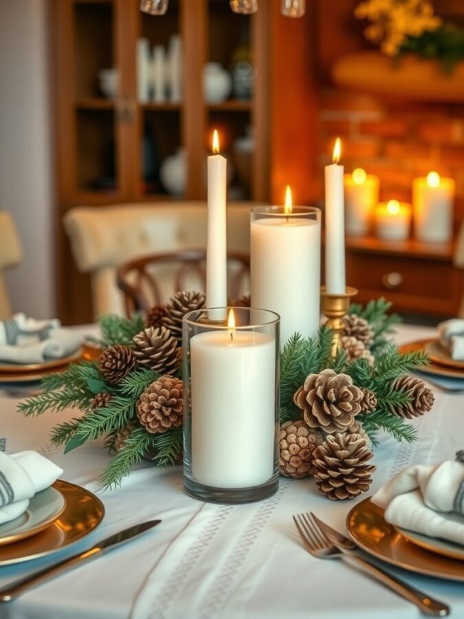 A rustic dining table centerpiece featuring pumpkins, pinecones, and candles.