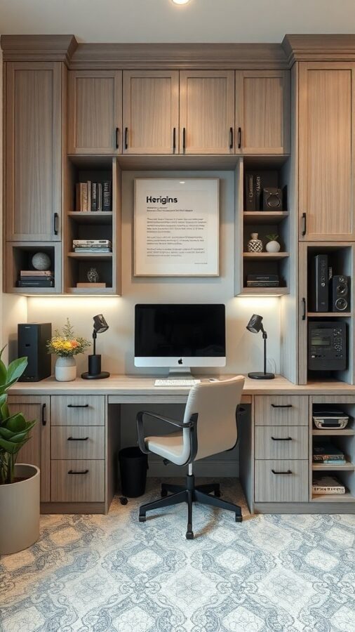 A stylish home office built-in with a desk, computer, and shelves.