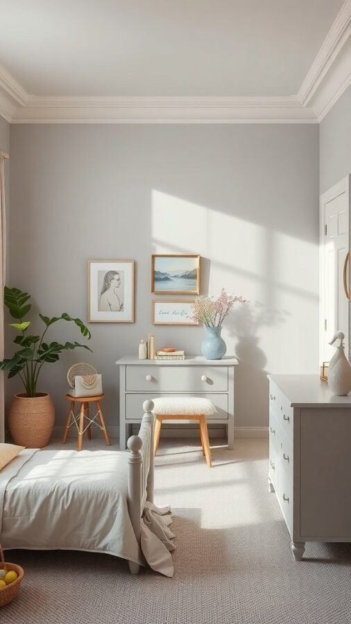 A serene grey bedroom with pastel accents, featuring light wood furniture and natural light.