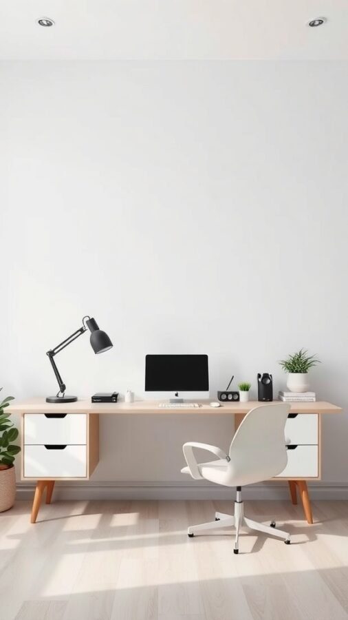 A minimalistic home office setup featuring a desk, a computer, a lamp, and plants.