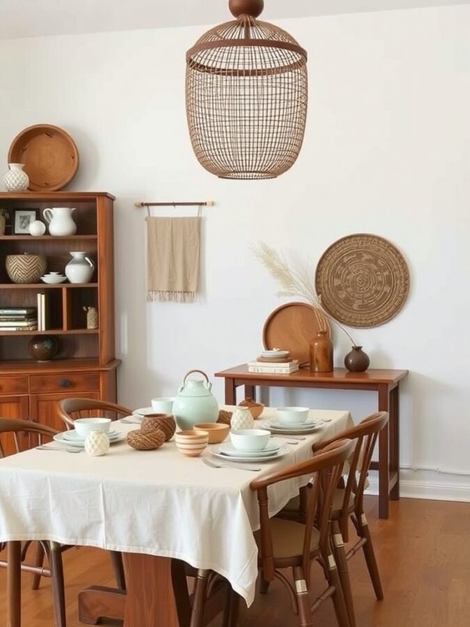 A cozy dining area featuring artisanal home accessories, including a woven pendant light, ceramic dishes, and wooden decor.