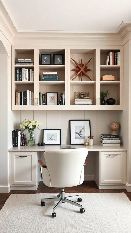 A stylish home office with built-in shelves, a desk, and a comfortable chair.