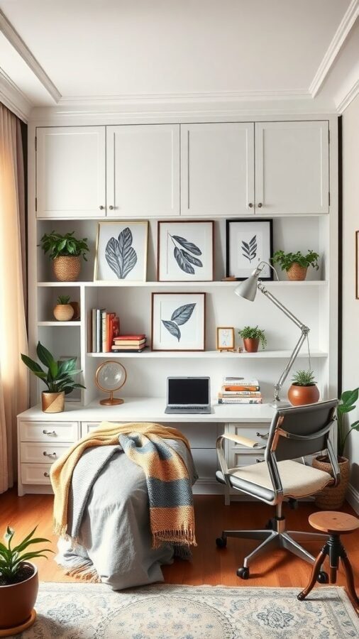 A stylish home office featuring a Murphy bed, white cabinetry, framed leaf prints, plants, and a cozy throw blanket.