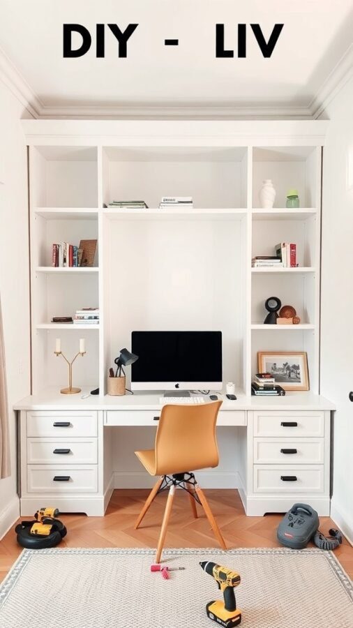 A DIY home office setup with built-in shelves and a desk, featuring tools and a computer.