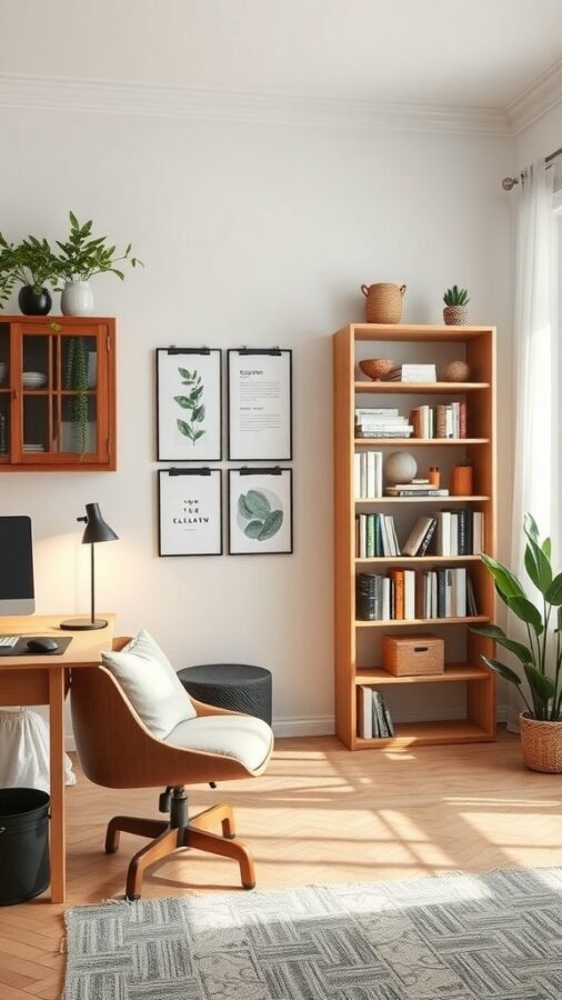 A cozy home office with a desk, comfortable chair, bookshelves, and plants