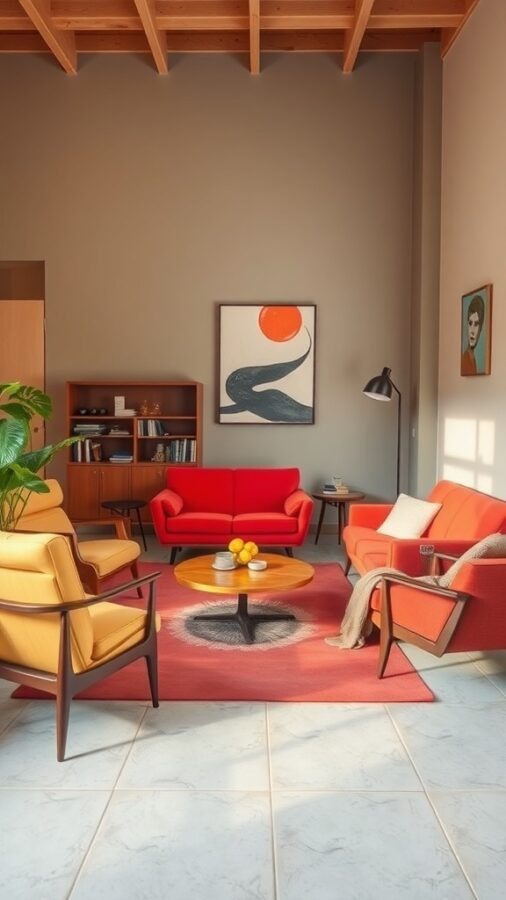 13 Awesome Home Decor Inspo to Transform Your Space 3 A mid-century modern lounge featuring red and yellow chairs, a wooden coffee table, and colorful artwork on the walls.