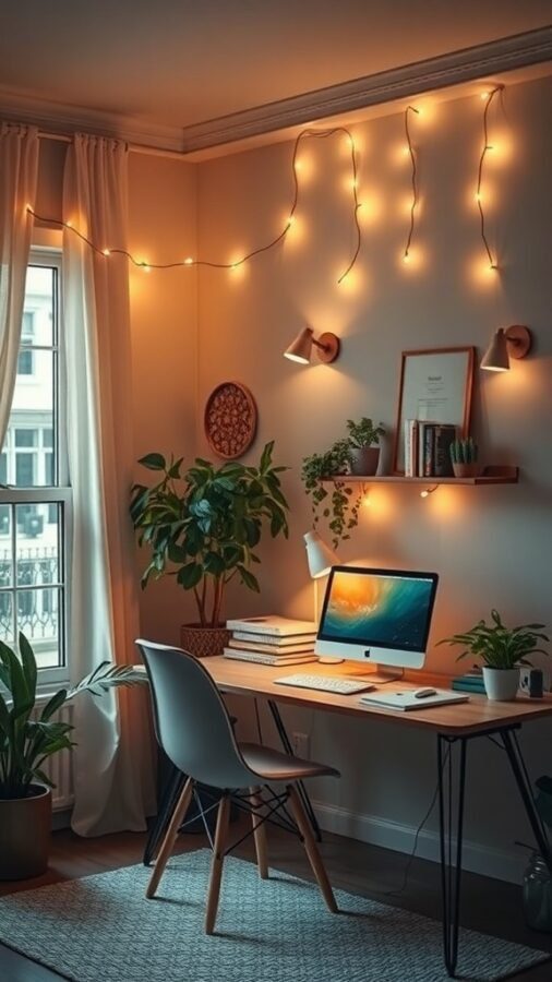 10 Must-Have Lighting Solutions for Your Home Office 4 A cozy home office with string lights, a desk, and plants, creating a warm atmosphere.