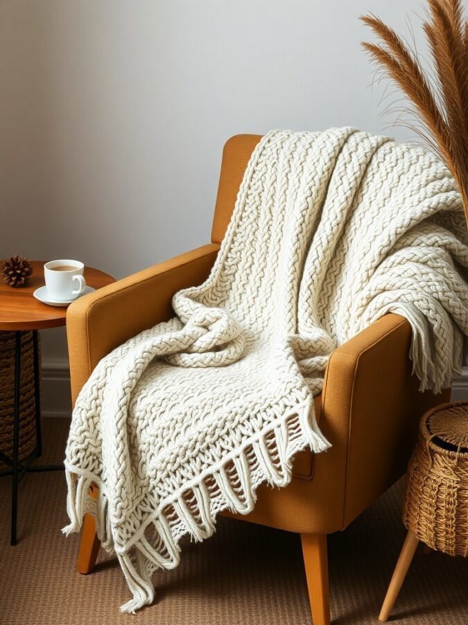 12 Charming Grandmacore Home Decor Items You Need to Try 3 A cozy cream knitted throw draped over a stylish armchair, with a cup of coffee and decorative elements nearby.