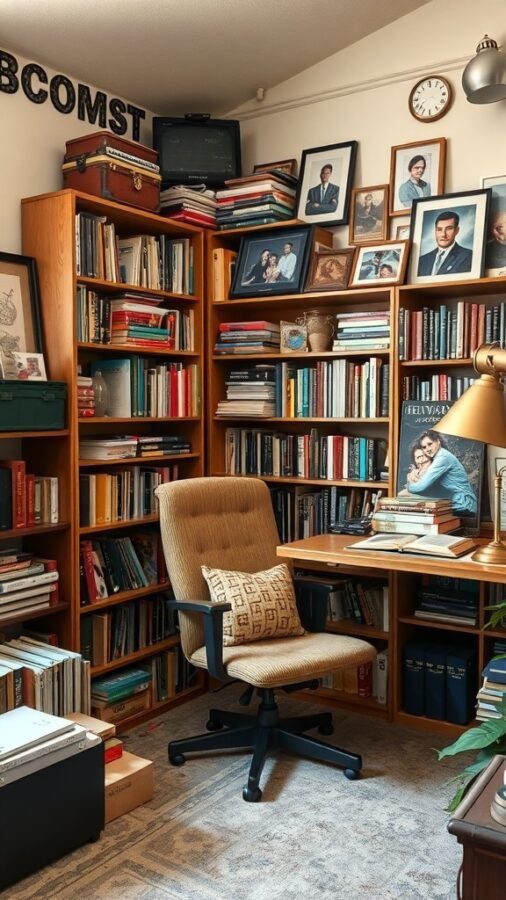 Cozy home office library with wooden bookshelves, framed photos, and a comfortable chair.