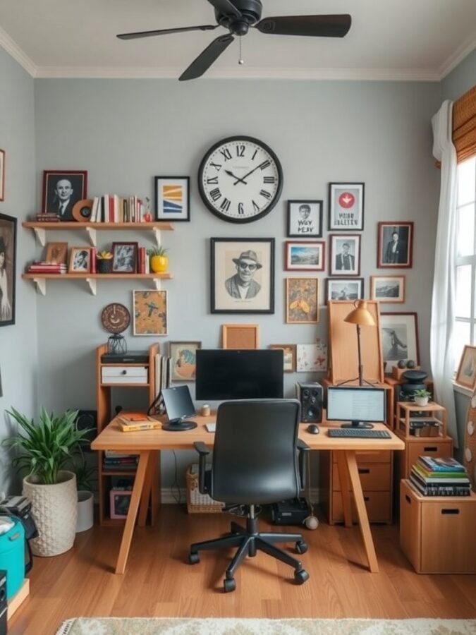 A stylish home office with a wooden desk, computer setup, and framed artwork on the walls.