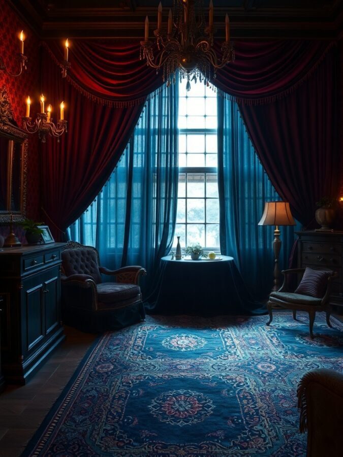 A cozy room featuring rich jewel tones with dark red drapes, blue curtains, and vintage furniture.