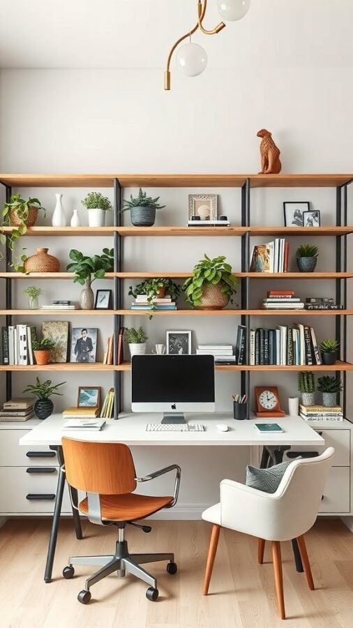 11 Inspiring Home Office Wall Decor Ideas to Boost Your Productivity 2 A modern home office with functional shelving, featuring plants, books, and decorative items.