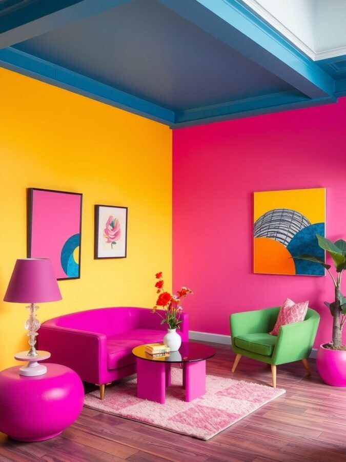 A vibrant living room with pink and yellow walls, blue ceiling, and colorful furniture.