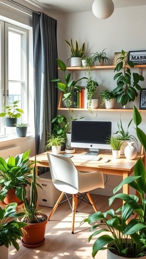 A home office with various plants, a desk, and a computer, creating a fresh and inviting workspace.