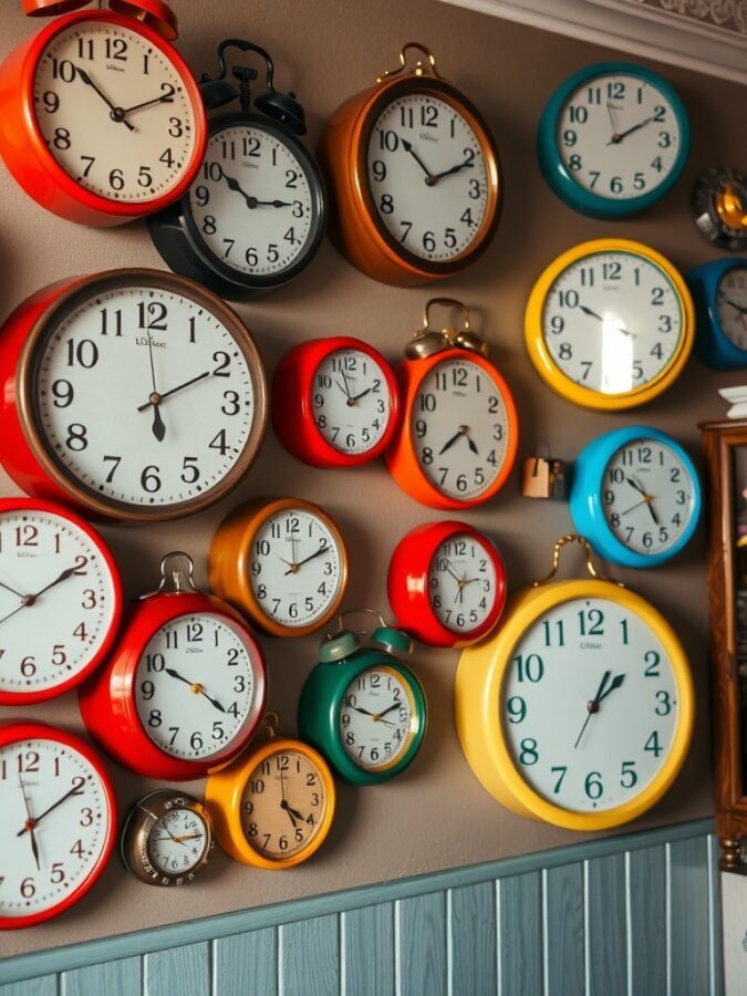 A colorful collection of retro wall clocks in various sizes and styles on a wall.