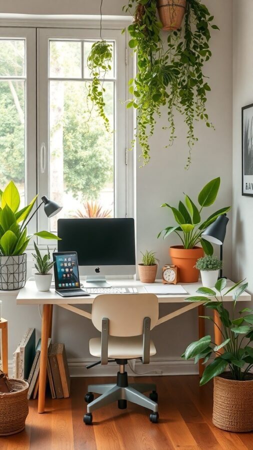 A bright home office with various plants, a desk, and a computer.