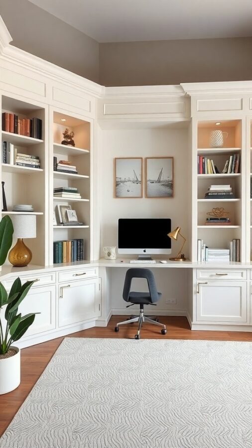 A modern home office with built-in shelves and a desk, featuring white cabinetry and warm wood flooring.