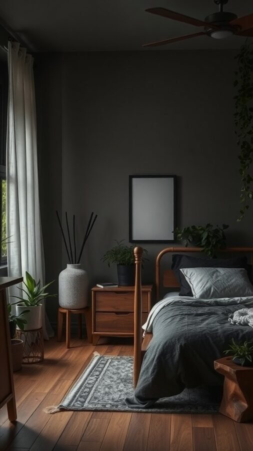 A cozy bedroom featuring wooden furniture, plants, and soft textiles, creating a warm and inviting atmosphere.