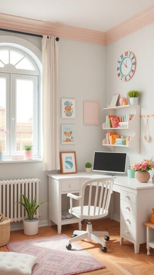 A cozy home office with soft pastel colors, featuring a light gray wall, pink trim, a white desk, and decorative elements.