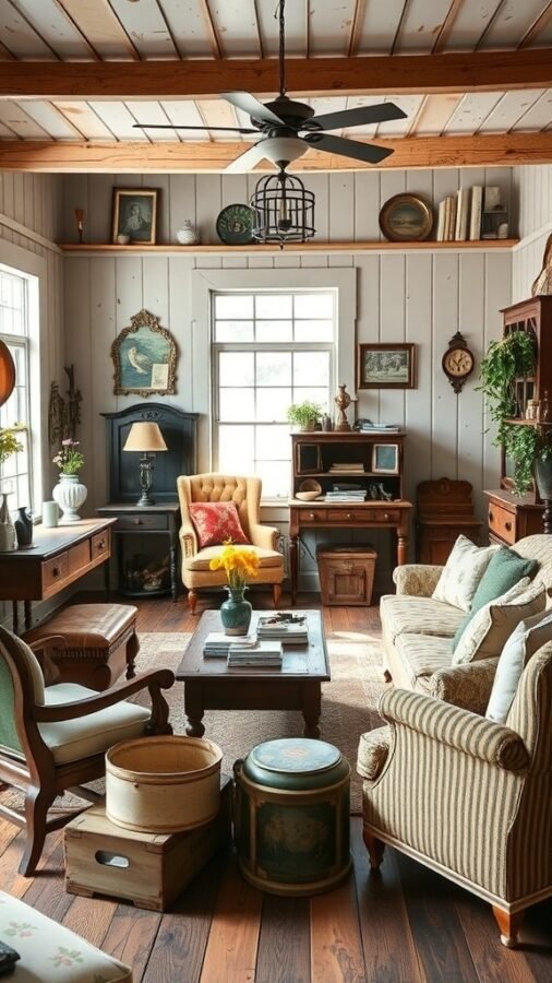 A cozy farmhouse living room featuring vintage furniture, including a yellow armchair, striped sofa, and wooden tables.