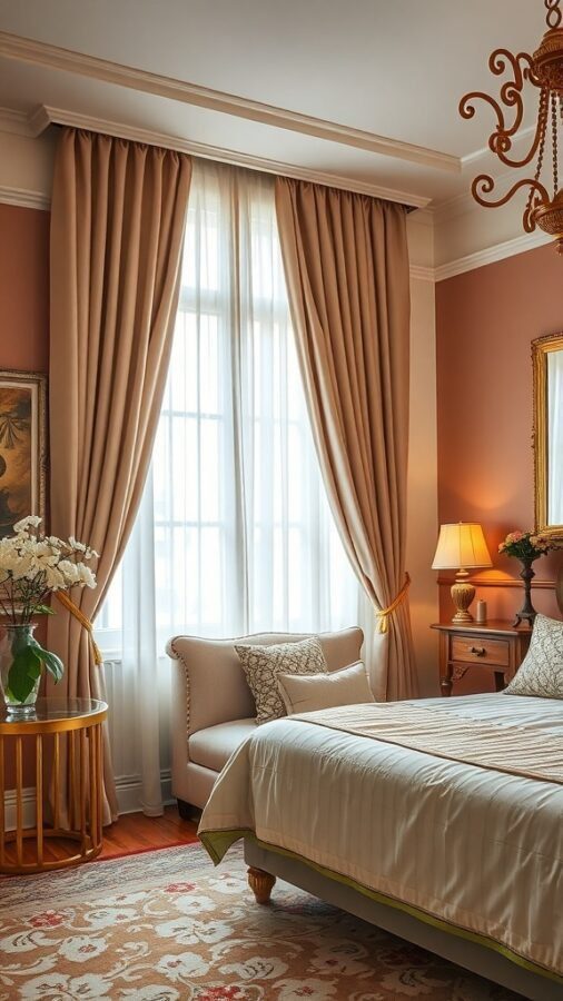 11 Stunning Curtain Ideas to Transform Your Bedroom 6 A cozy bedroom featuring light beige curtains, peach walls, and elegant decor.