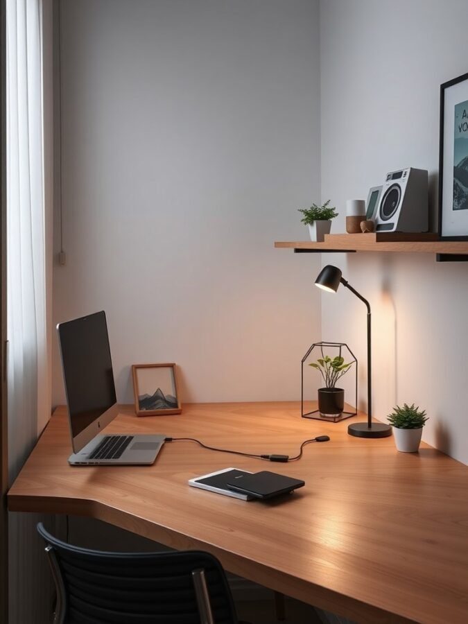 A modern small home office setup featuring a laptop, notebook, plants, and smart lighting.