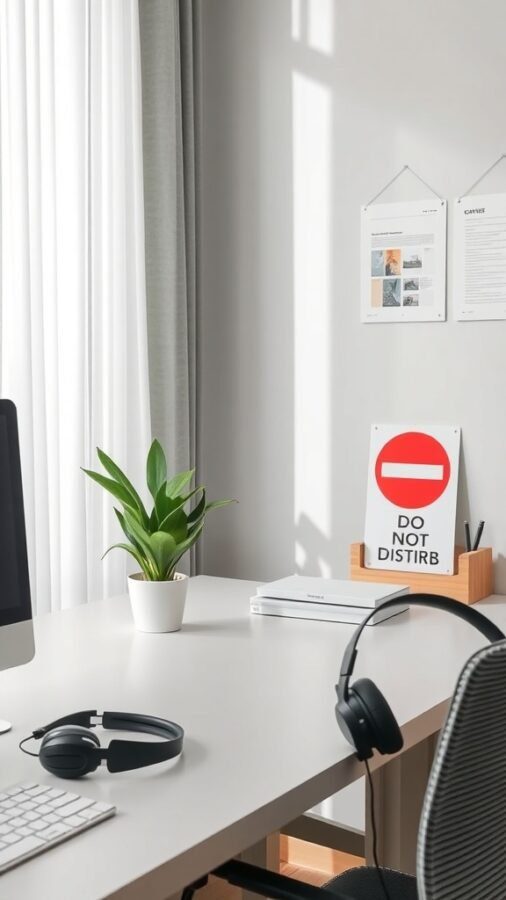 A clean home office desk with a plant, headphones, and a 'DO NOT DISTURB' sign.