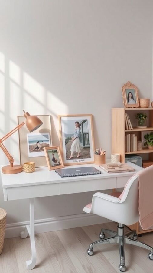 A feminine home office with a white desk, comfortable chair, and personalized decor including framed photos and a bookshelf.