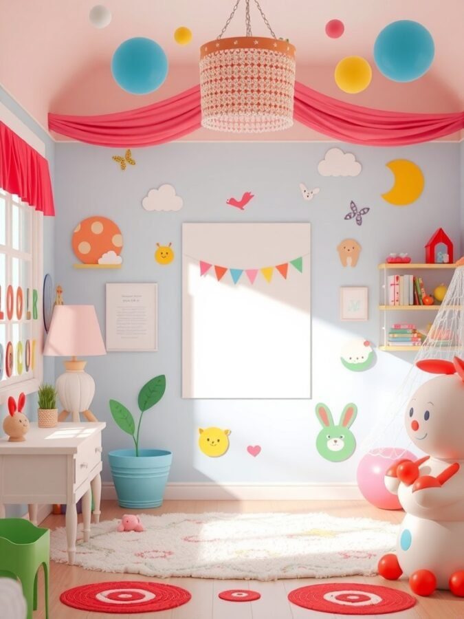 A colorful children's room with playful decorations, balloons, and cheerful furniture.