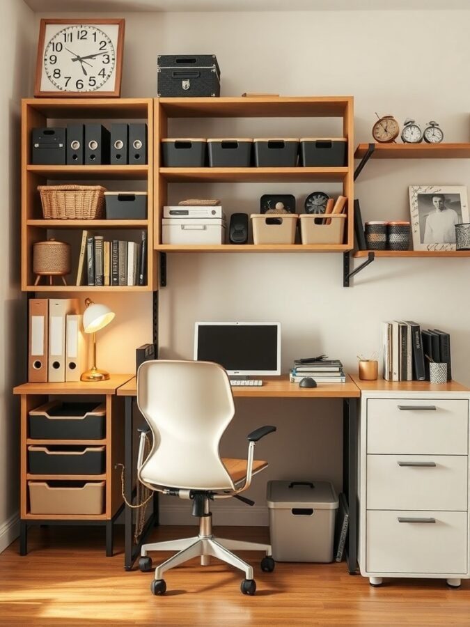 A well-organized home office with shelves, a desk, and a comfortable chair.