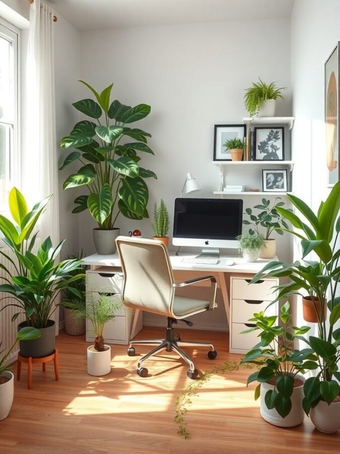 A bright home office with a desk, computer, and various plants, creating a fresh and inviting atmosphere.