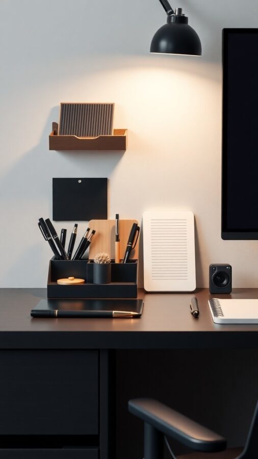 A modern desk setup featuring stylish desk organizers, a lamp, and a clean workspace.