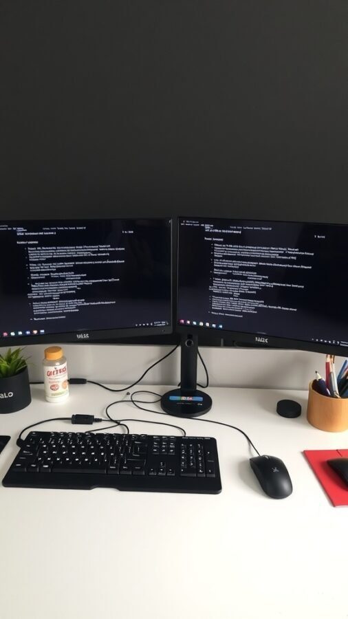 A double monitor setup on a desk with a keyboard, mouse, plant, and other accessories.