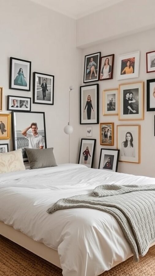 A cozy bedroom featuring a bed with white bedding and a collection of framed photos and artwork on the walls.