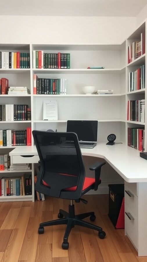 A modern home office setup featuring an ergonomic chair, spacious desk, and organized bookshelves.