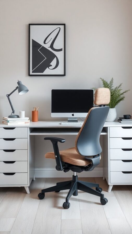 A modern home office featuring a sleek desk, ergonomic chair, and stylish decor.