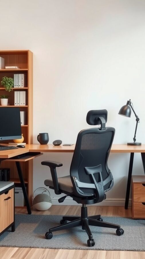 A modern home office setup featuring an ergonomic chair, wooden desk, and organized shelves.