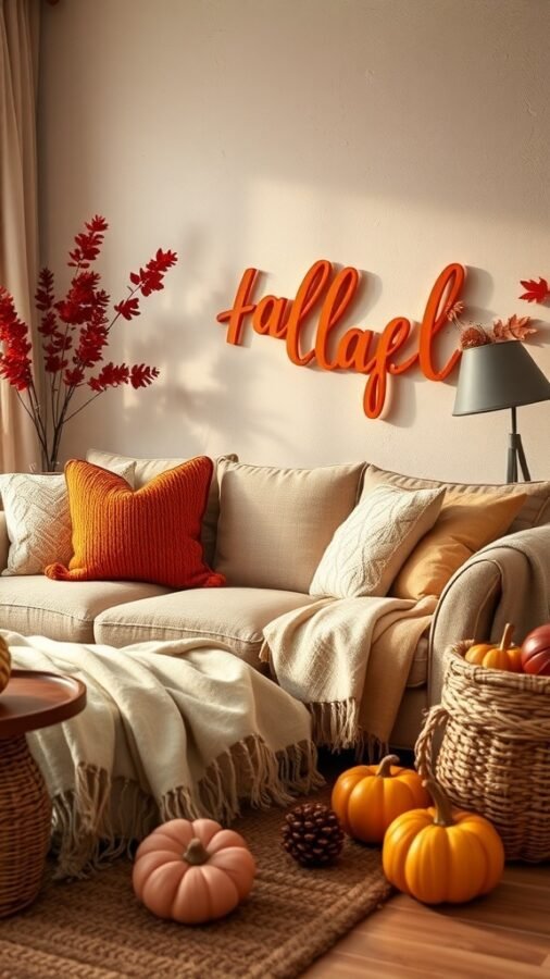 Cozy fall living room with warm colors and textiles