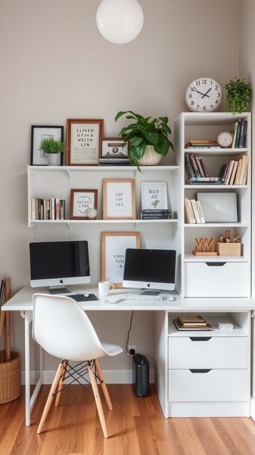 A compact home office with two monitors, a stylish chair, and organized shelves.