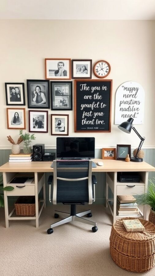 10 Inspiring Home Office Ideas for Maximum Productivity 9 A cozy home office with framed photos, a motivational quote, and a tidy desk setup.