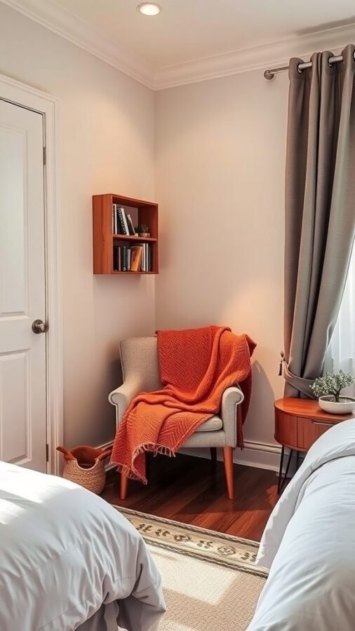 13 Essential Items for a Cozy Bedroom Retreat 7 Cozy reading nook in a bedroom featuring a comfortable chair, blanket, and bookshelf.