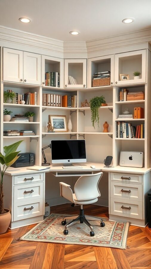 Cozy home office with built-in shelves and a spacious desk in a corner layout
