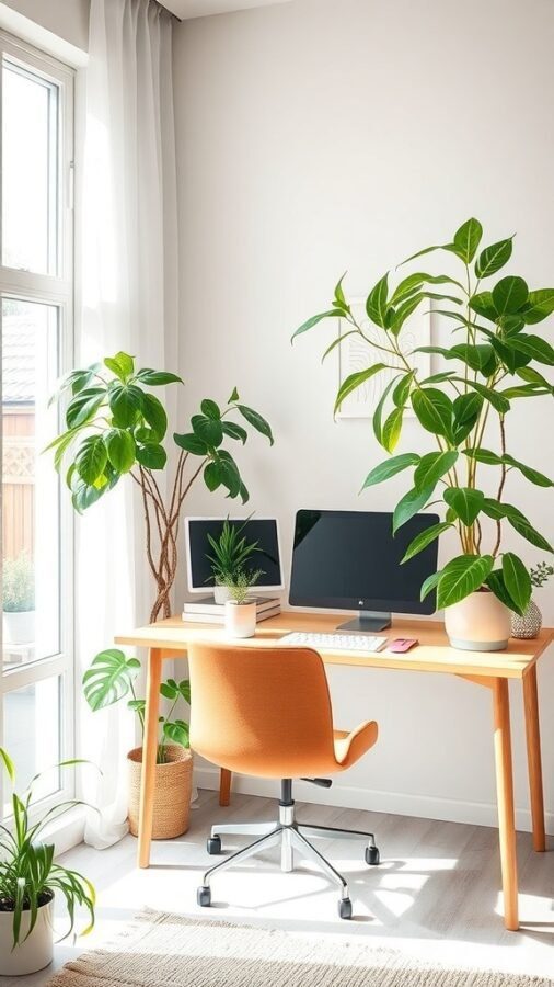 A feminine home office filled with various plants, featuring a desk with a computer and natural light.
