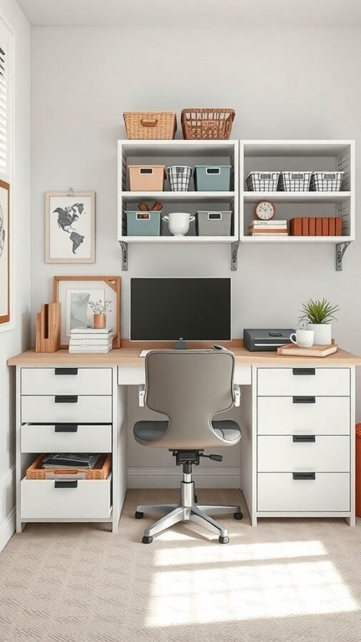 A well-organized home office with a desk, storage drawers, and shelves displaying baskets and decorative items.