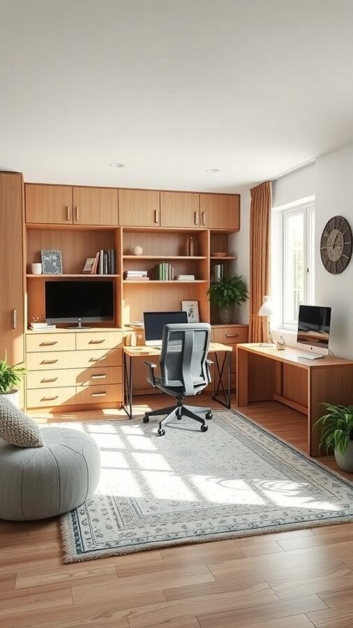 A cozy home office with wooden furniture, a comfortable chair, and plants, featuring a well-organized desk area.