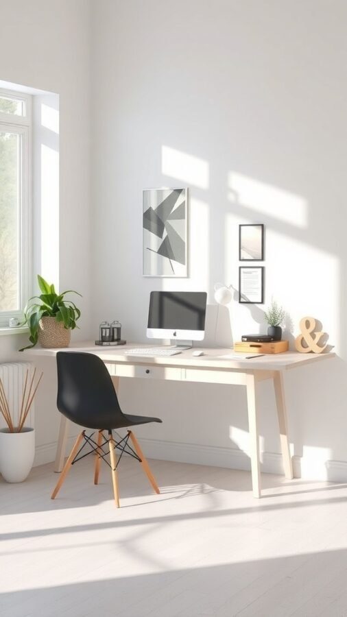 13 Awesome Home Decor Inspo to Transform Your Space 7 A bright Scandinavian inspired workspace featuring a wooden desk, black chair, and plants.