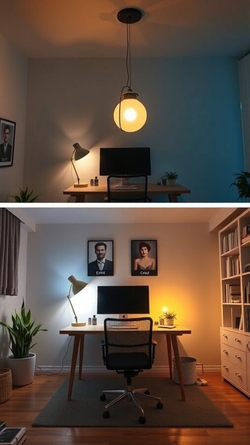 10 Must-Have Lighting Solutions for Your Home Office 1 A comparison of two home office lighting setups showing warm yellow light above and cool blue light below.
