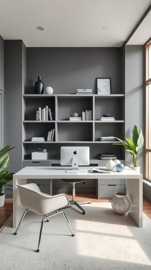 A modern home office with gray walls, a light gray desk, and a green plant.