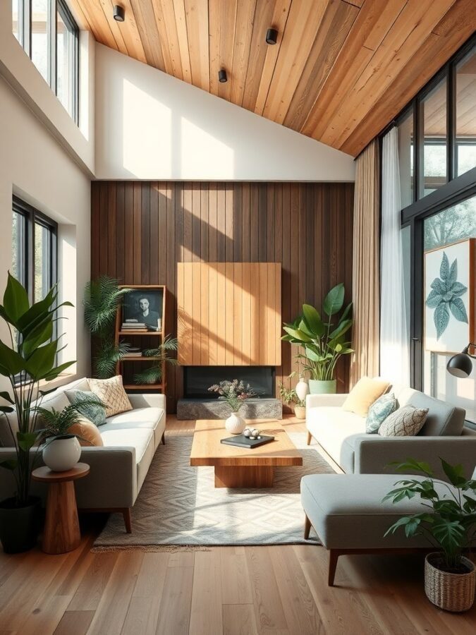 A modern living room featuring wooden walls and ceiling, large windows, and plants, showcasing sustainable materials in home decor.