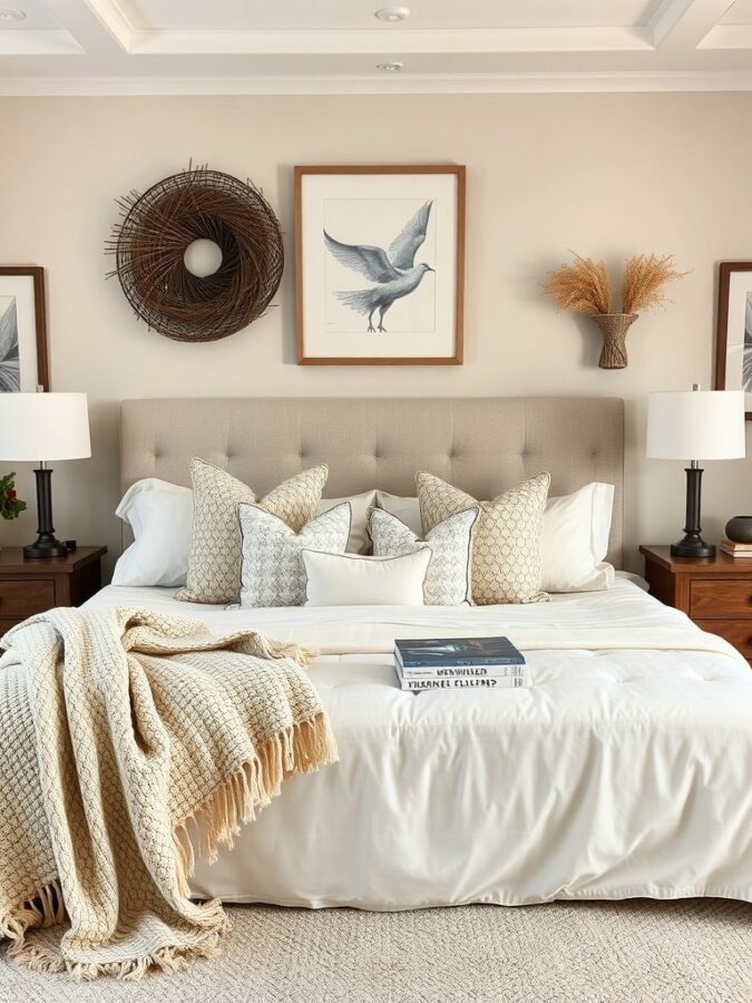 Cozy master bedroom with layered bedding, plush pillows, and warm accessories